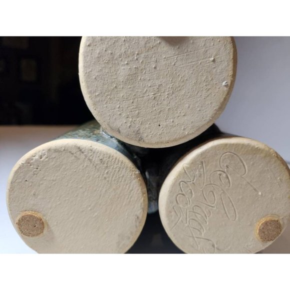 Tall Tri-Cylinder Heavily Glazed Green Blues Vases Adjoined Together Twi-ware Si - Picture 6 of 8